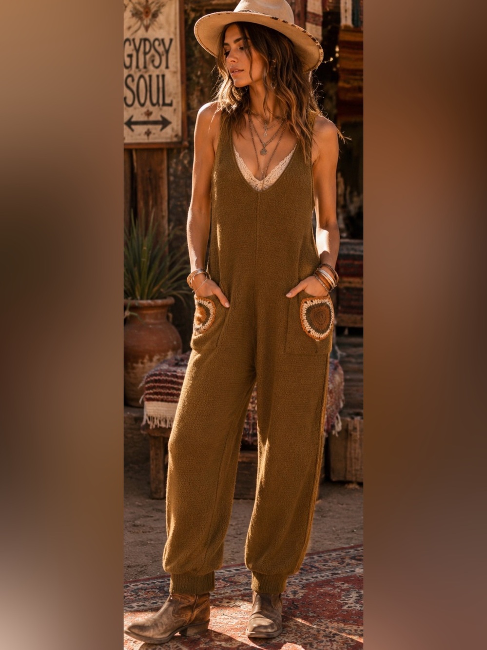 Boho Sweater 🧶 Textured Knit Jumpsuit Crochet Pocket Detail M~XL **Please read**